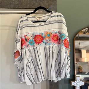 Savanna Jane Striped Floral Embroidered Blouse - White and Pink